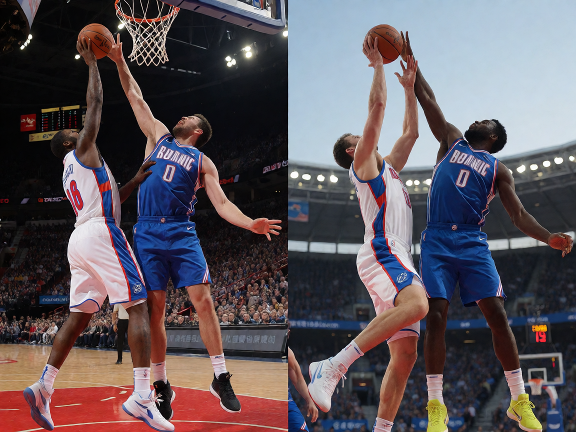 NBA篮球比赛现场，球员激烈对抗的精彩瞬间